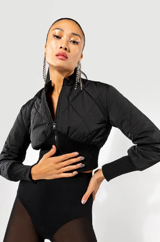 women's coats in bold colorsFITTED QUILTED BOMBER JACKET WITH RIB BODICE