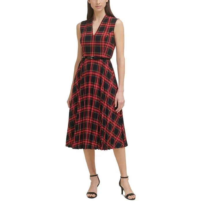 women's flowy dressesTommy Hilfiger Women's V Neck Sleeveless Plaid Jersey Midi Dress Black Size 6