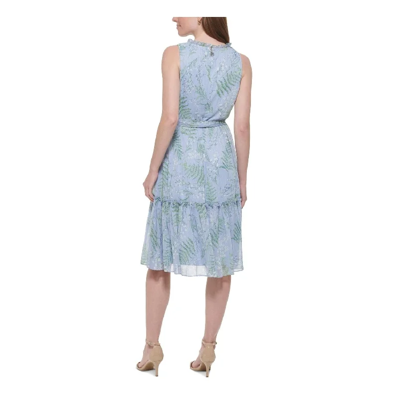 Pastel DressTommy Hilfiger Women's Zippered Ruffled Tie Belt Floral Sleeveless Round Neck Midi Fit Flare Dress Blue Size 8