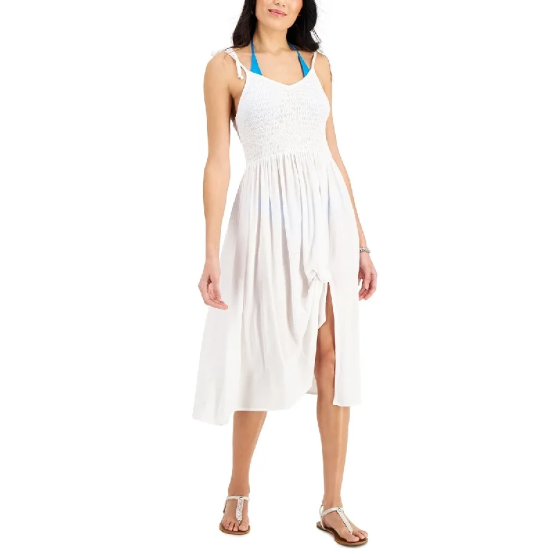 women's solid color dressesMiken Women's Smocked Midi Cover Up Dress White Size Small