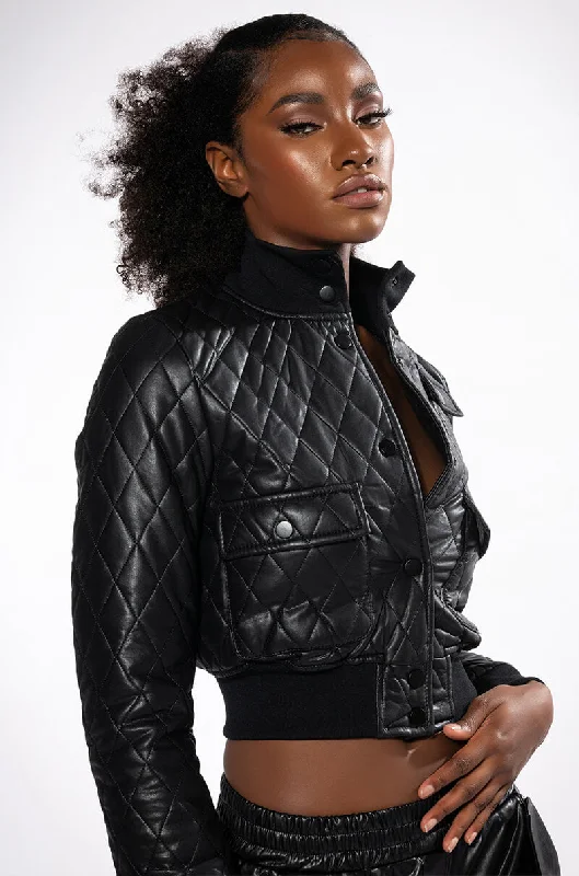 women's coats with sheer overlaysQUILTED CHOCOLATE PU BOMBER