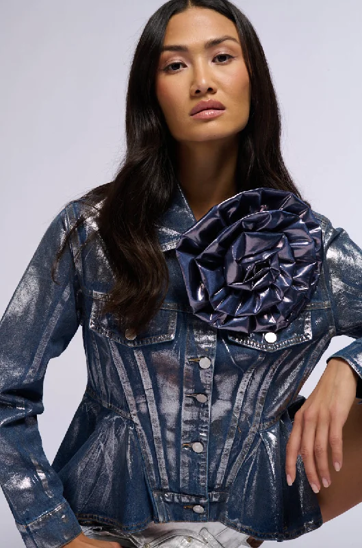 women's coats for tall womenMONIQUE FLOWER DETAIL METALLIC DENIM JACKET