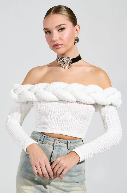 women's tops for those who love to mix and match prints and patternsNOT ALONE OFF THE SHOULDER SWEATER IN IVORY