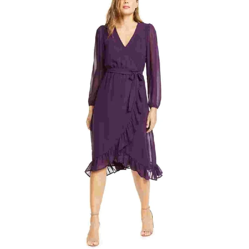 Velvet DressQ & A Women's Ruffle Hem Midi Wrap Dress Purple Size Medium