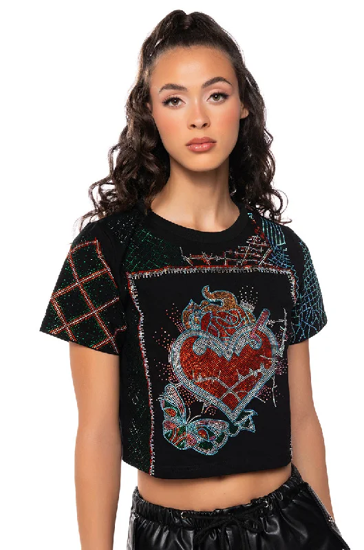 women's tops for those who prefer classic over trendy stylesBROKEN HEART EMBELLISHED GRAPHIC TEE