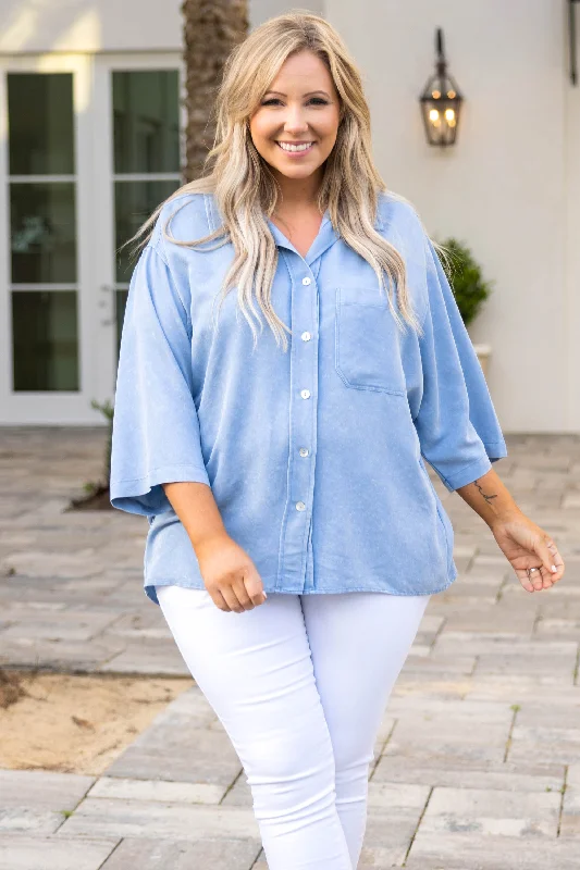 women's tops for maximalist fashion loversNeedless To Say Top, Light Denim