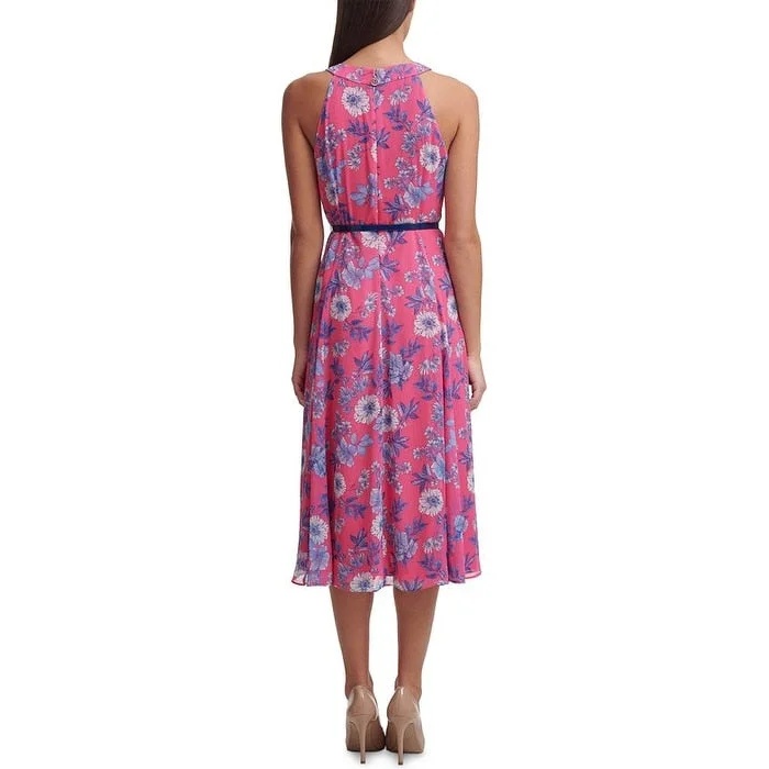 Shift DressTommy Hilfiger Women's Floral Chiffon Belted Midi Dress Pink Size 2