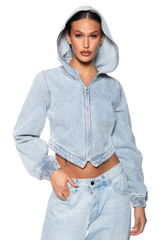 women's shearling coatsBLECKER STREET ZIPPER HOOD DENIM JACKET