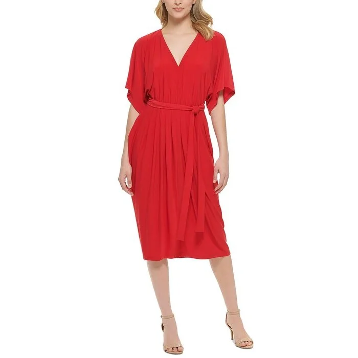 women's cinched-waist dressesTommy Hilfiger Women's V Neck Tie Waist Midi Dress Red Size 6