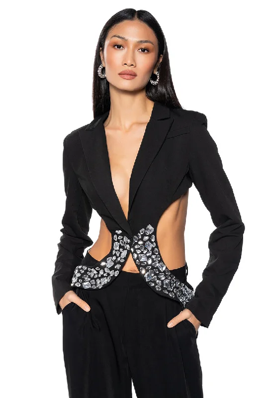 women's coats for pear-shaped bodiesSIDE CUT OUT RHINESTONE BLAZER