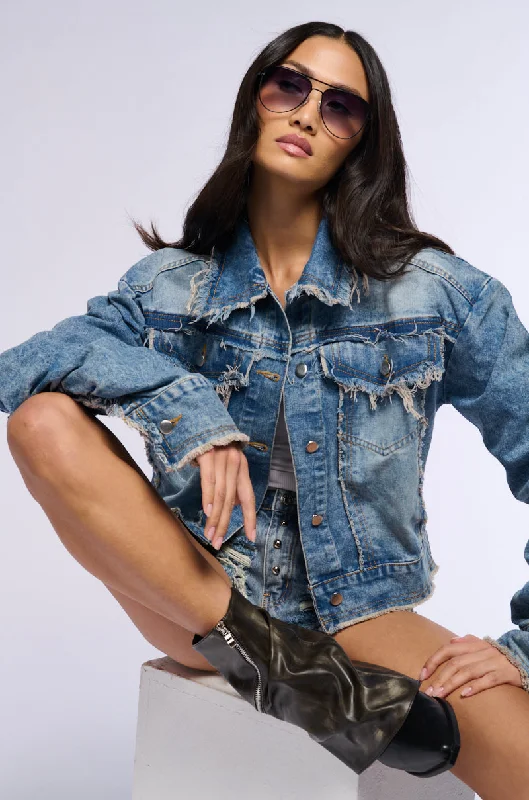 luxury women's coatsTIME OF THE SEASON DISTRESSED DENIM JACKET