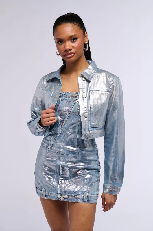 women's stylish coatsMETALLIC DENIM BUTTON DOWN CROP JACKET