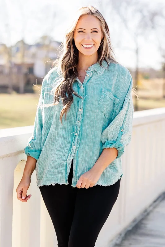 women's tops for those who want to stay warm and stylish during colder weatherPopular Phrase Top, Dusty Teal