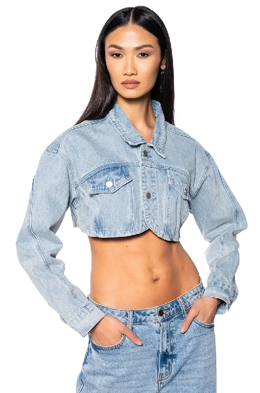 women's coats with lace detailingWHAT YOU NEED DENIM CROP JACKET