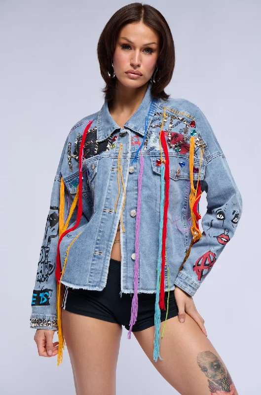 women's coats for everyday wear and tearLOST IN THE CITY STUDDED YARN APPLIQUE DENIM JACKET