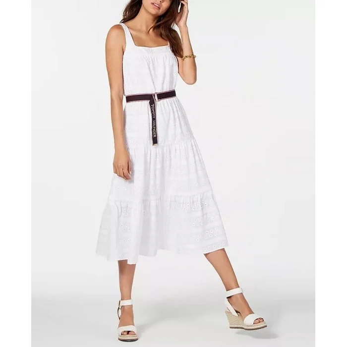 women's apple-shaped body dressesTommy Hilfiger Women's Cotton Eyelet Midi Dress White Size 6