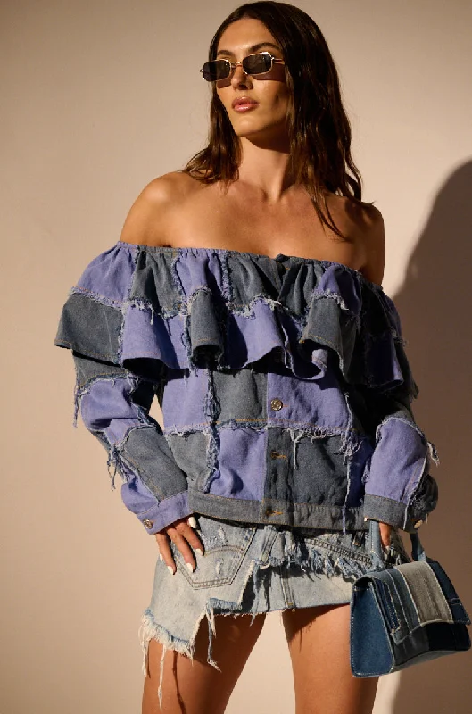 women's coats for maternity wearOFF SHOULDER PATCHWORK DENIM JACKET