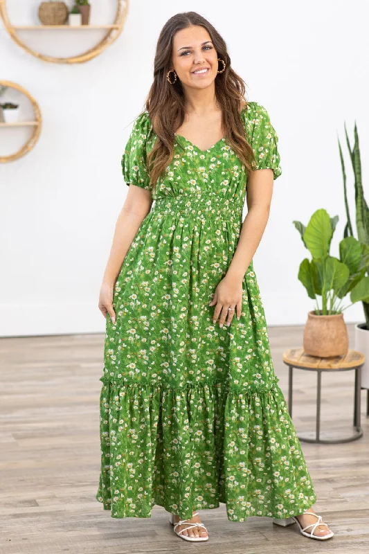 women's custom dressesGreen Multicolor Floral Puff Sleeve Maxi Dress