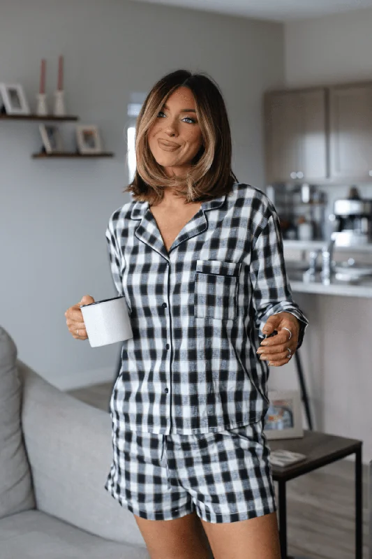 trendy women's topsWaking Up Black Plaid Shirt & Shorts Set