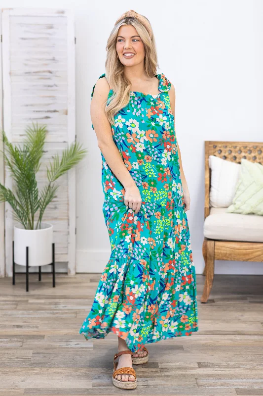 women's hourglass figure dressesTeal Multicolor Floral Print Maxi Dress