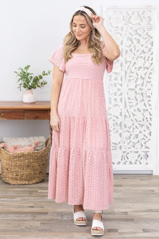 women's vacation dressesDusty Pink Eyelet Square Neck Lace Maxi Dress