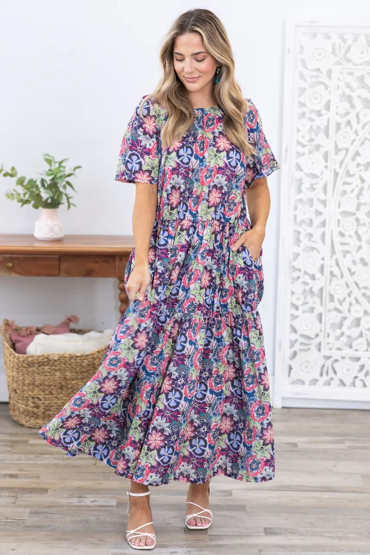 women's glam dressesGreen Floral Print Cotton Maxi Dress