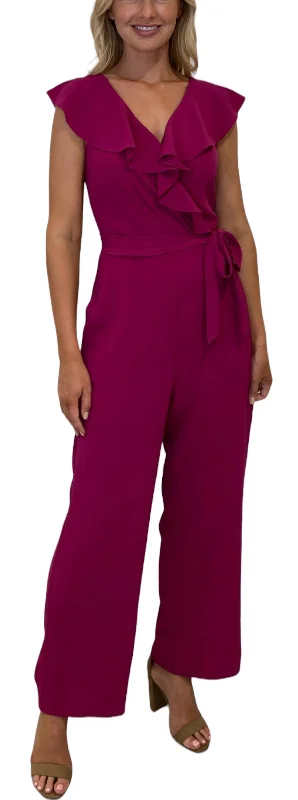 women's checkered pantsRuffle Wrap Jumpsuit With Sash In Fuschia