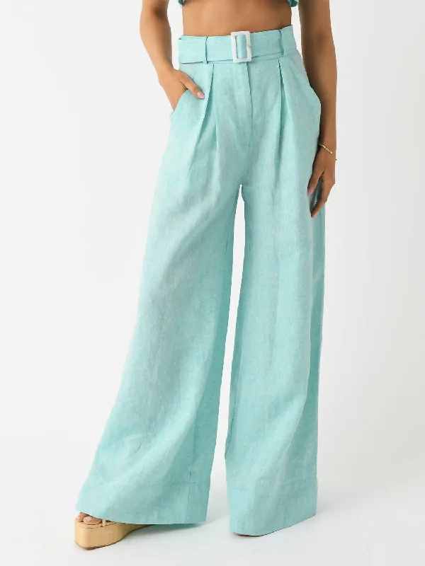 women's checkered pantsWide Leg Pleated Pant In Seafoam Melange Linen