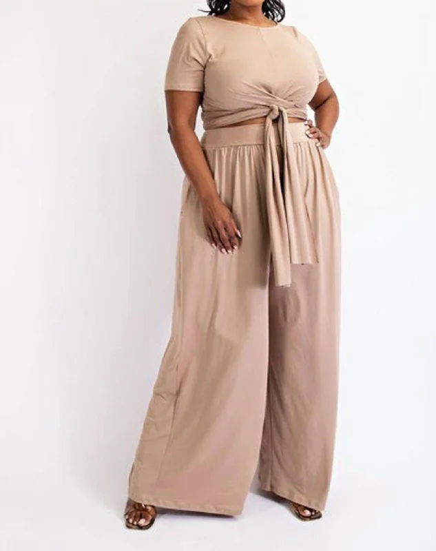 women's velvet pantsWide Leg Two Piece Pants Set In Beige