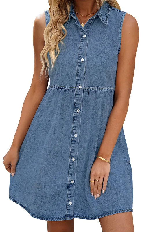 Cold-Shoulder DressMedium Blue Denim Dress for Women Sleeveless Babydoll Button Down Short Jean Dresses Cute Summer