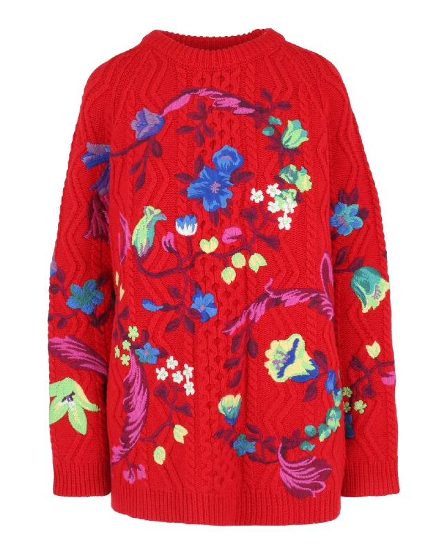 Vintage Flannel SweatersFloral Embroidered Cable Knit Sweater