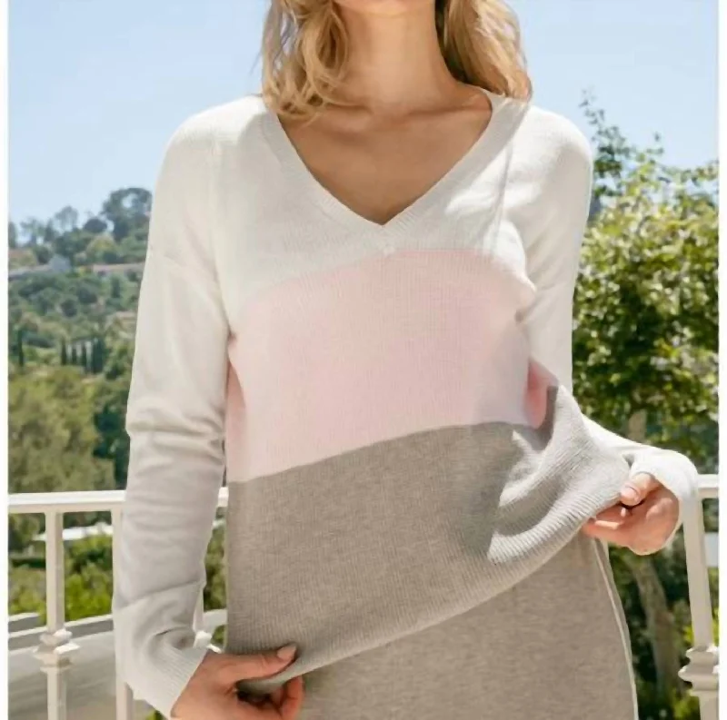 Flannel Knitted Crewneck SweatersV-Neck Colorblock Sweater In Grey